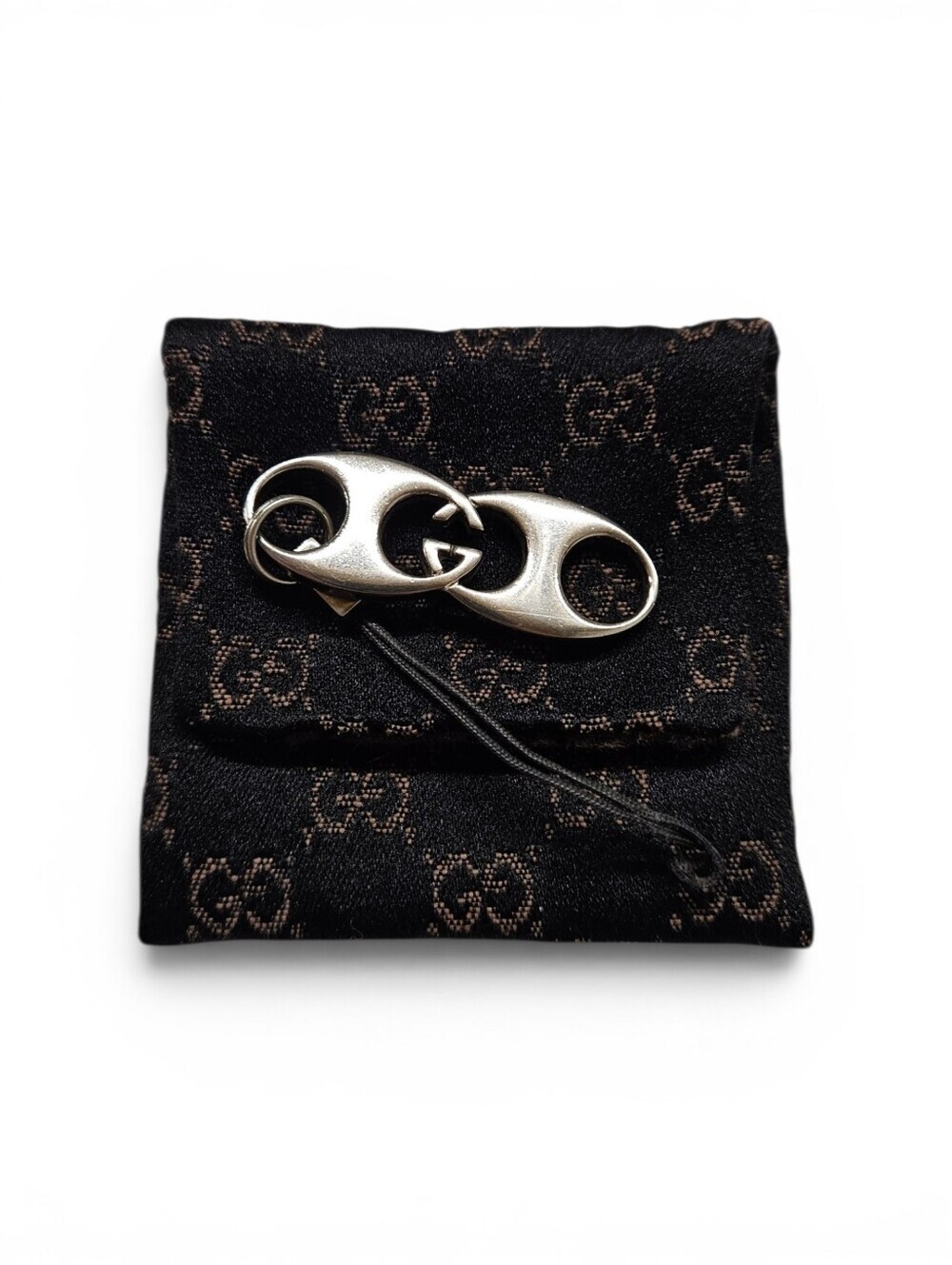 Gucci Double G Monogram Keychain Charm In Silver With Dust Pouch